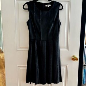 My Tribe Sz M Stretch Leather mix Fit Flare Dress Round Neck Pintuck Sleeveless